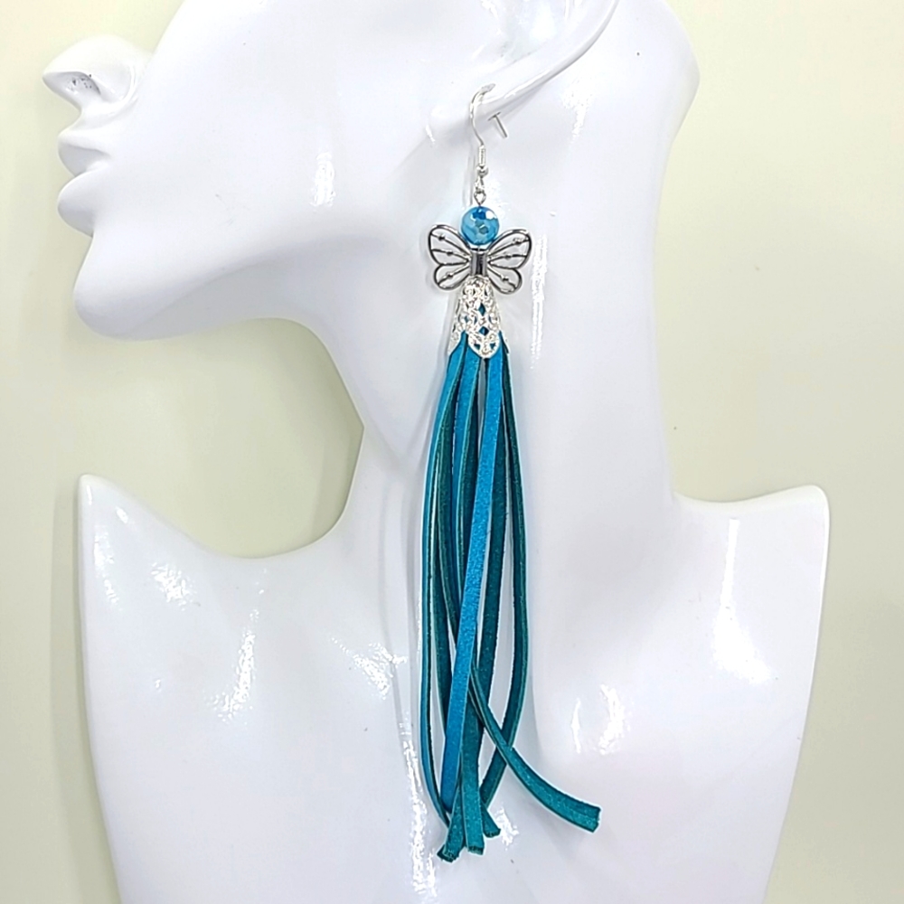 Handmade leather fringe butterfly agate earrings - Picture 1 of 5